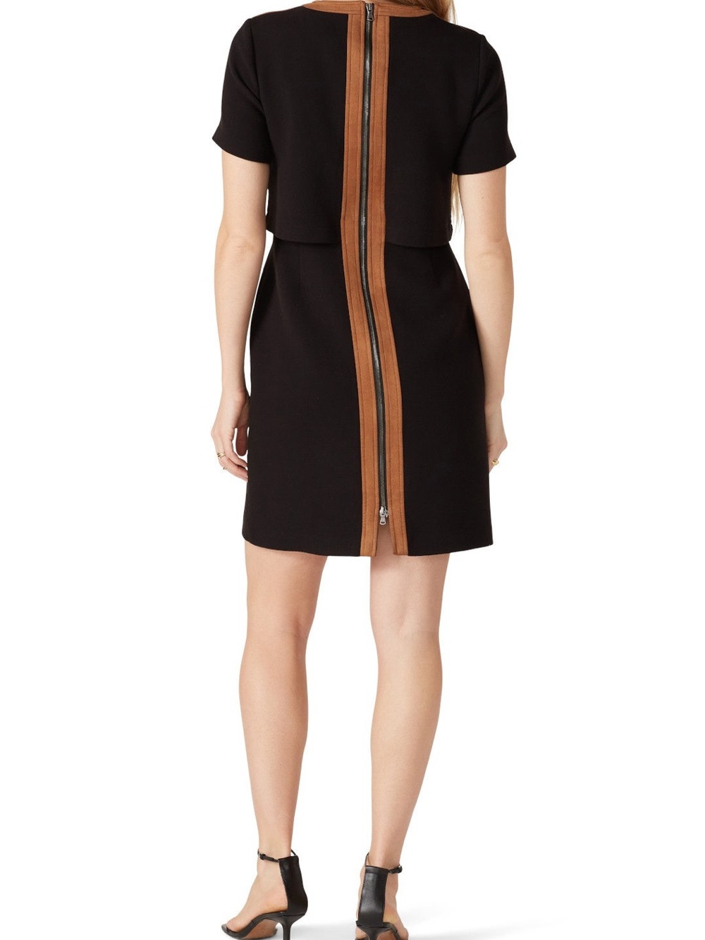 RTR - Toccin Black Mini dress Tan Trim -fully lined Sz 4 - Picture 7 of 14